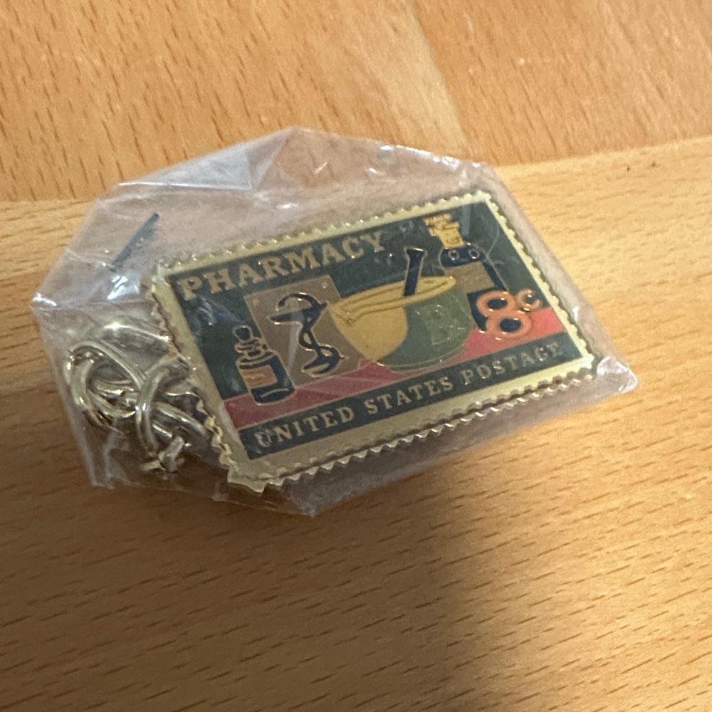 Pharmacy Postage Stamp Keychain - Gold and Green